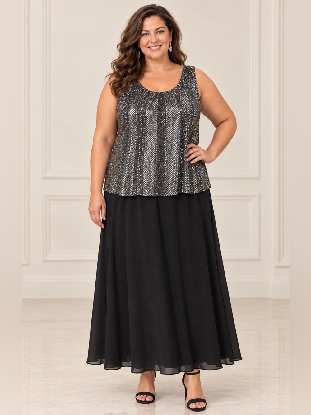 Millie Gabrielle Silver Sequin Overlay Black Maxi Dress Size 18